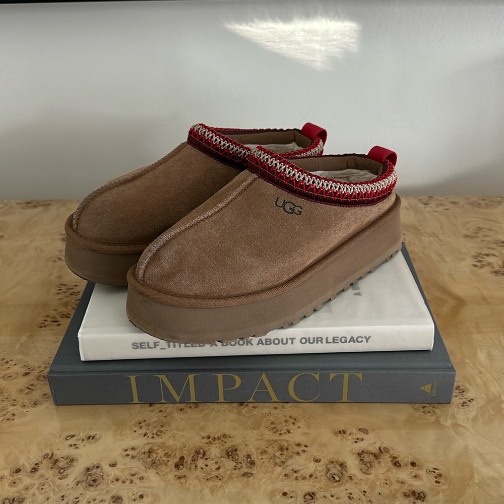 UGG Tan Mules with Red Accents
